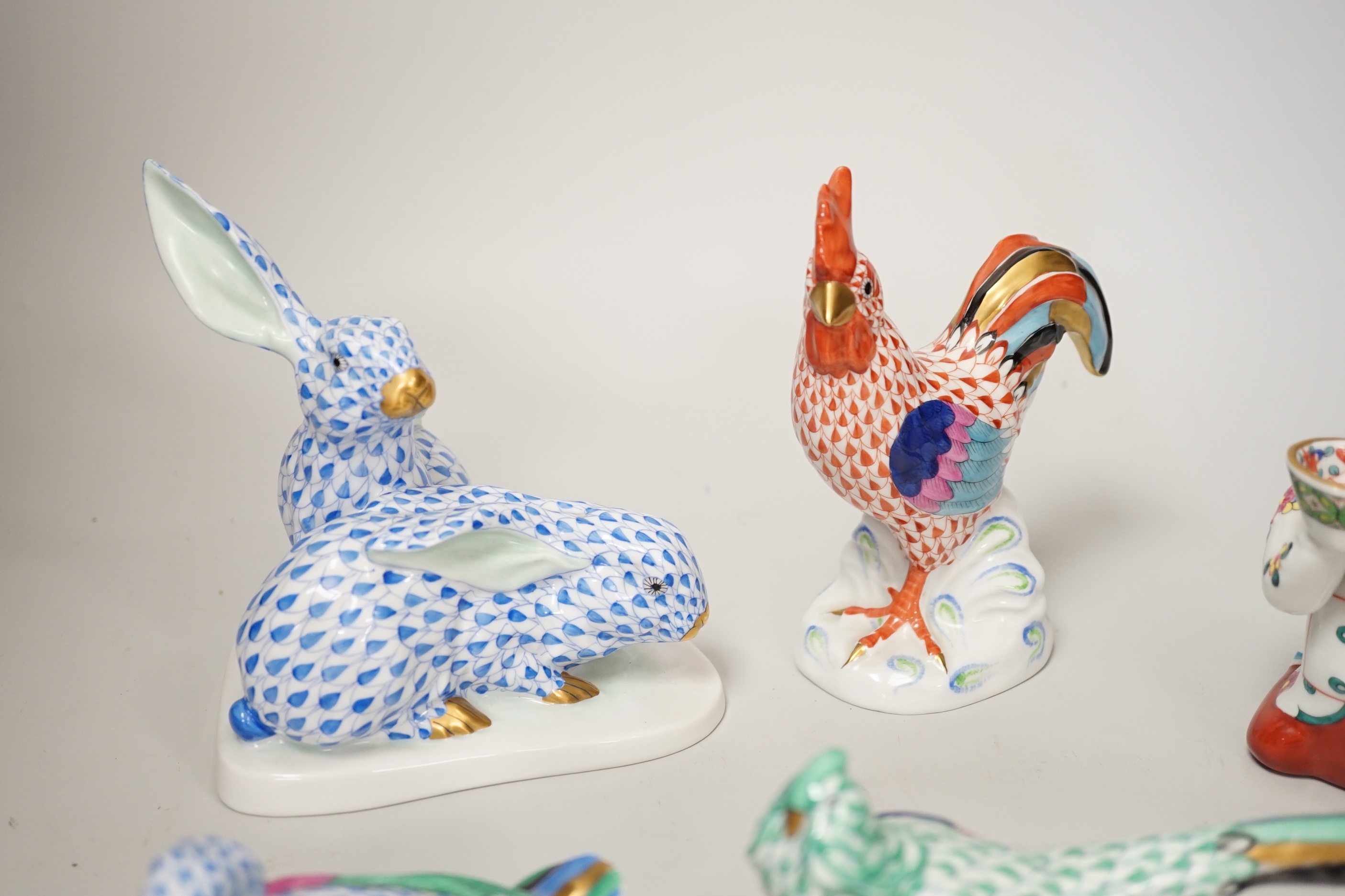 A group of five Herend models - a kneeling Chinaman, pheasant, cockerel, duck group and rabbit group, tallest 14cm